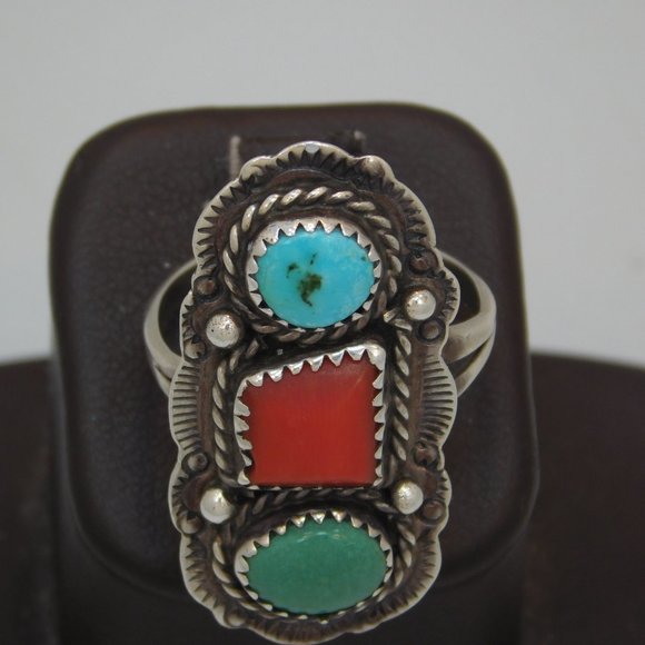 Sterling Turquoise and coral Ring Signed - Picture 2 of 4